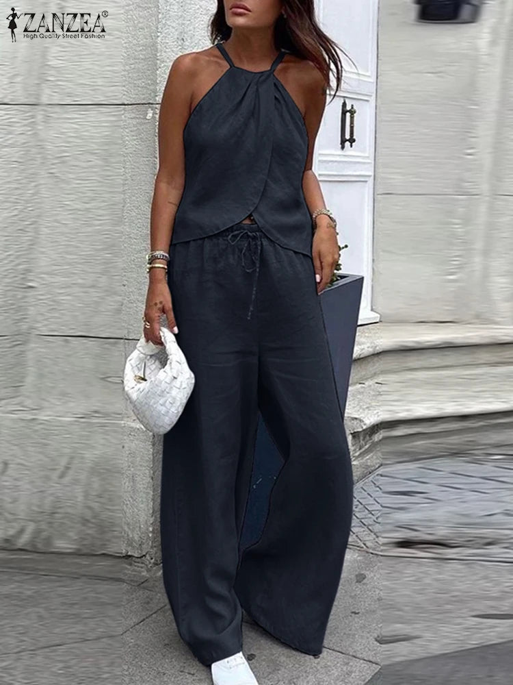 Ensemble 2 Pièces Femme Top Halter Sans Manches Lacé Tissu Froissé + Pantalon Droit Taille Mi-Haute Élastique Streetwear Casual 6 Coloris – CLEVI Paris