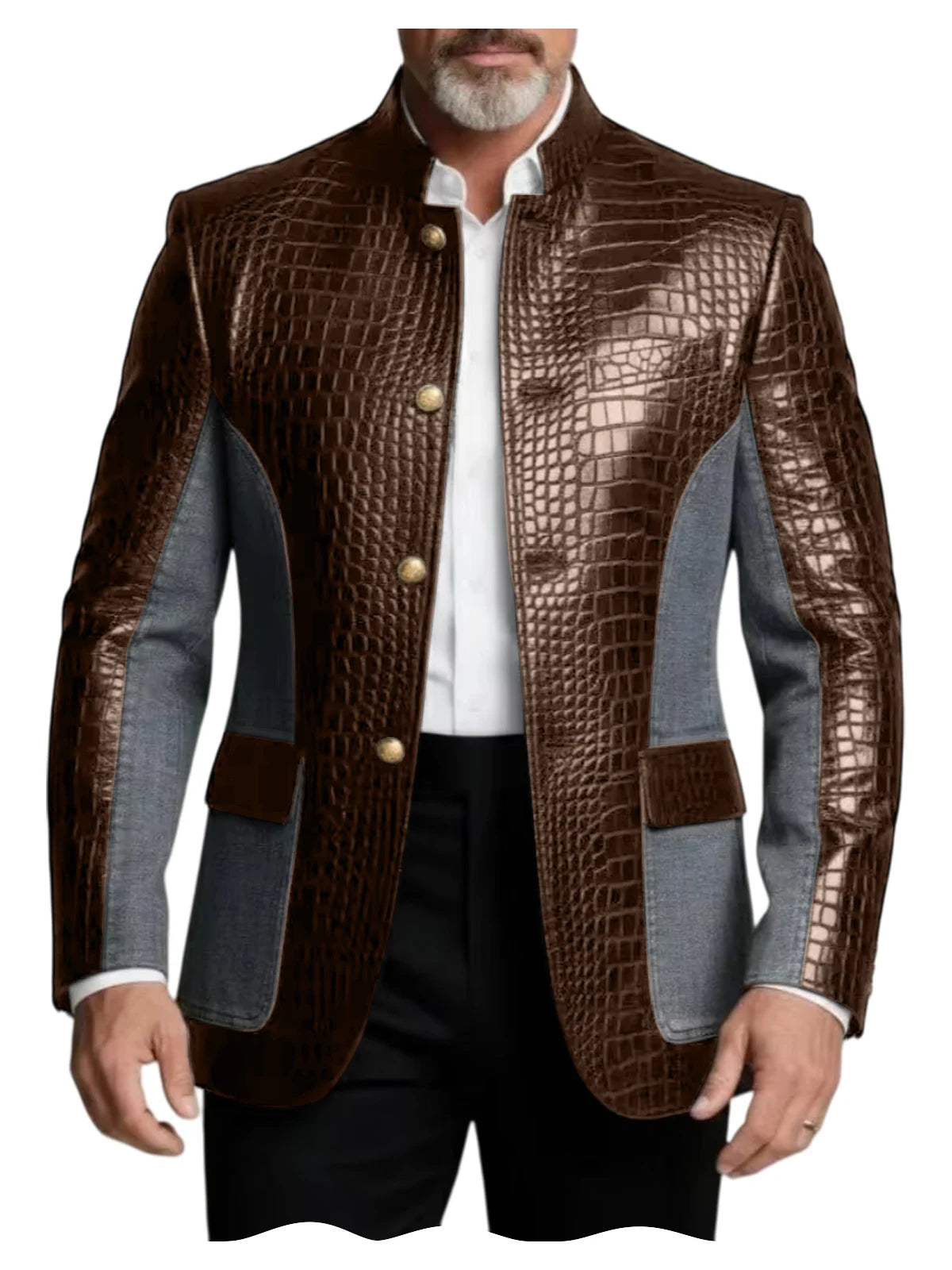 Blazer en cuir PU de luxe marron pour homme, effet croco, patchwork denim, col montant, coupe ajustée, idéal pour affaires, décontracté ou soirée