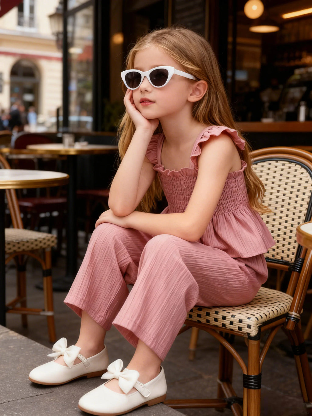 Ensemble fille rose haut froncé et pantalon – CLEVI Paris