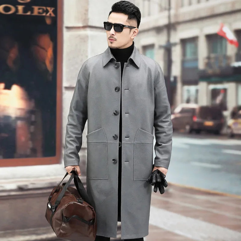 Manteau long homme en cuir de mouton gris – CLEVI Paris