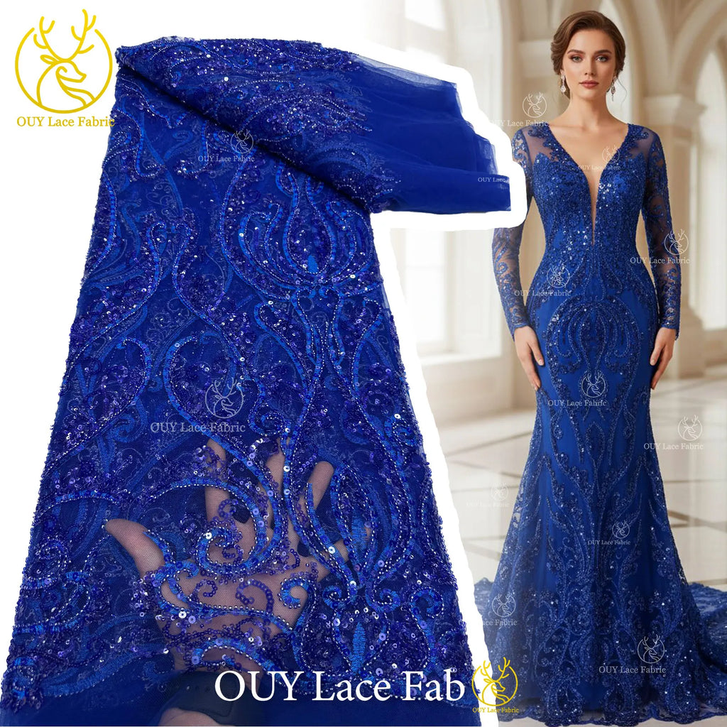 Tissu dentelle brodée à perles et sequins – CLEVI Paris