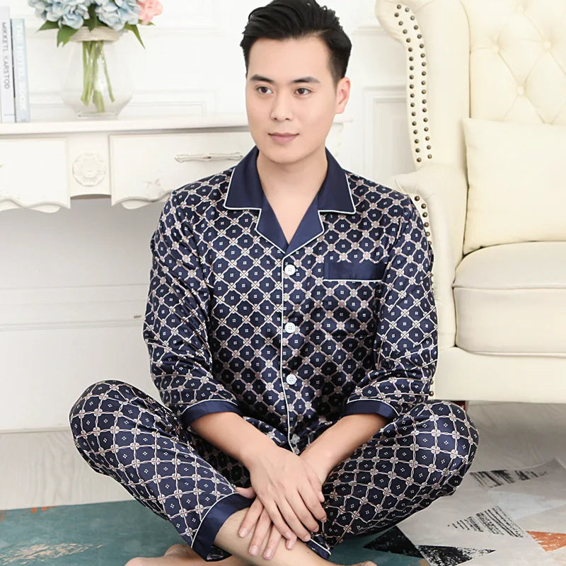 Pyjama Homme 2 Pièces Soie de Glace Satin Col Rabattu Manches Longues Style Luxe Imprimé Printemps Été – CLEVI Paris