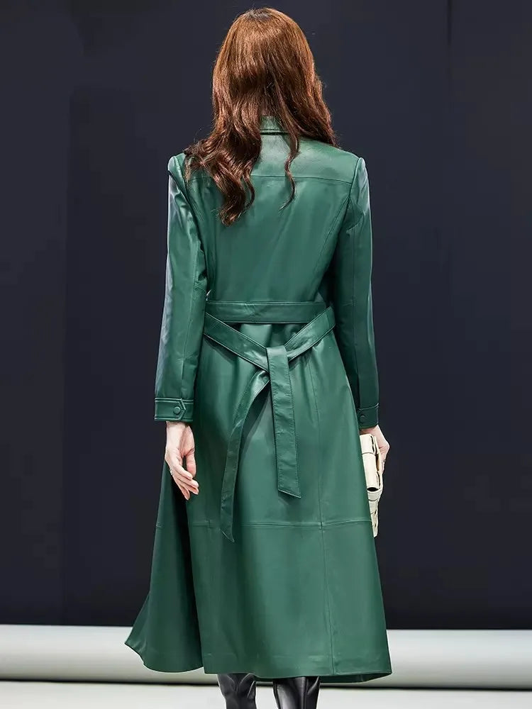 Trench long femme cuir de mouton ceinturé – CLEVI Paris