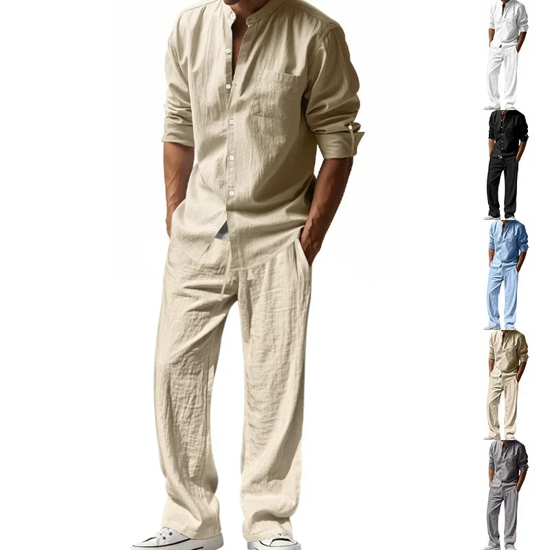 Ensemble 2 Pièces Homme Lin Chemise Manches Longues + Pantalon Style Casual Américain 4 Saisons – CLEVI Paris