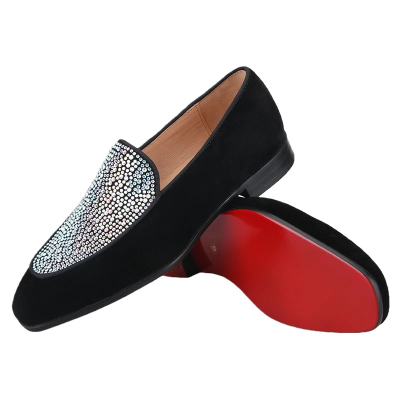 Mocassins Daim Cristaux Autrichiens Semelle Rouge Homme – CLEVI Paris