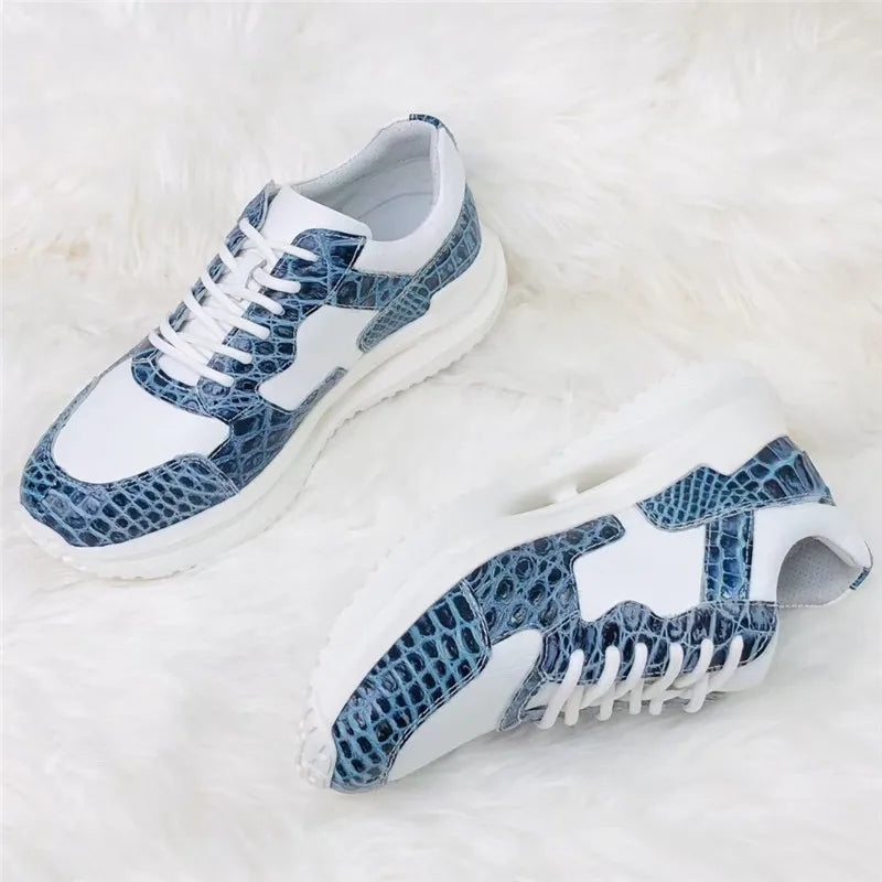 Sneakers Marche Cuir Crocodile & Vachette Homme Blanc Bleu – CLEVI Paris