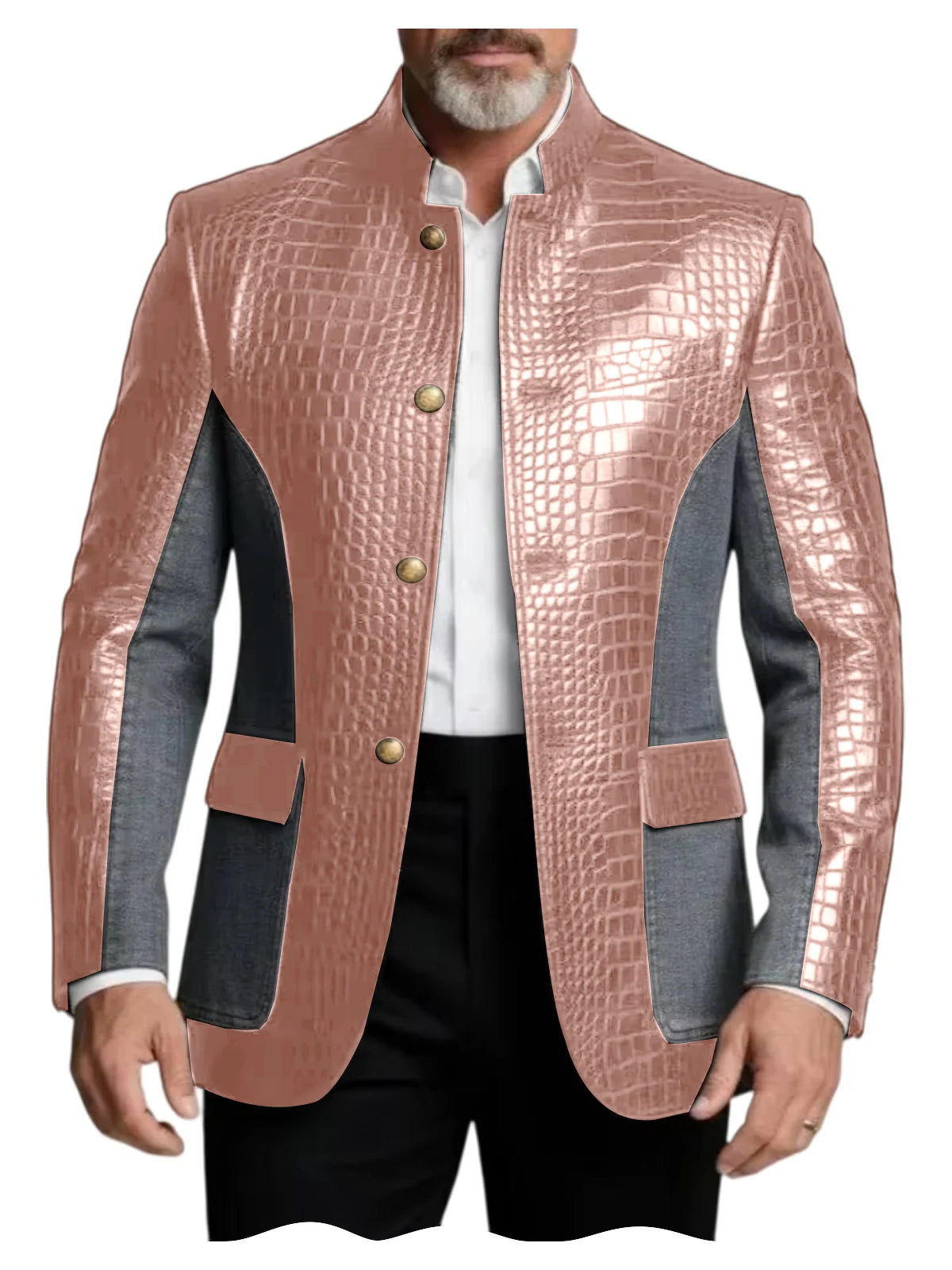 Blazer en cuir PU de luxe marron pour homme, effet croco, patchwork denim, col montant, coupe ajustée, idéal pour affaires, décontracté ou soirée