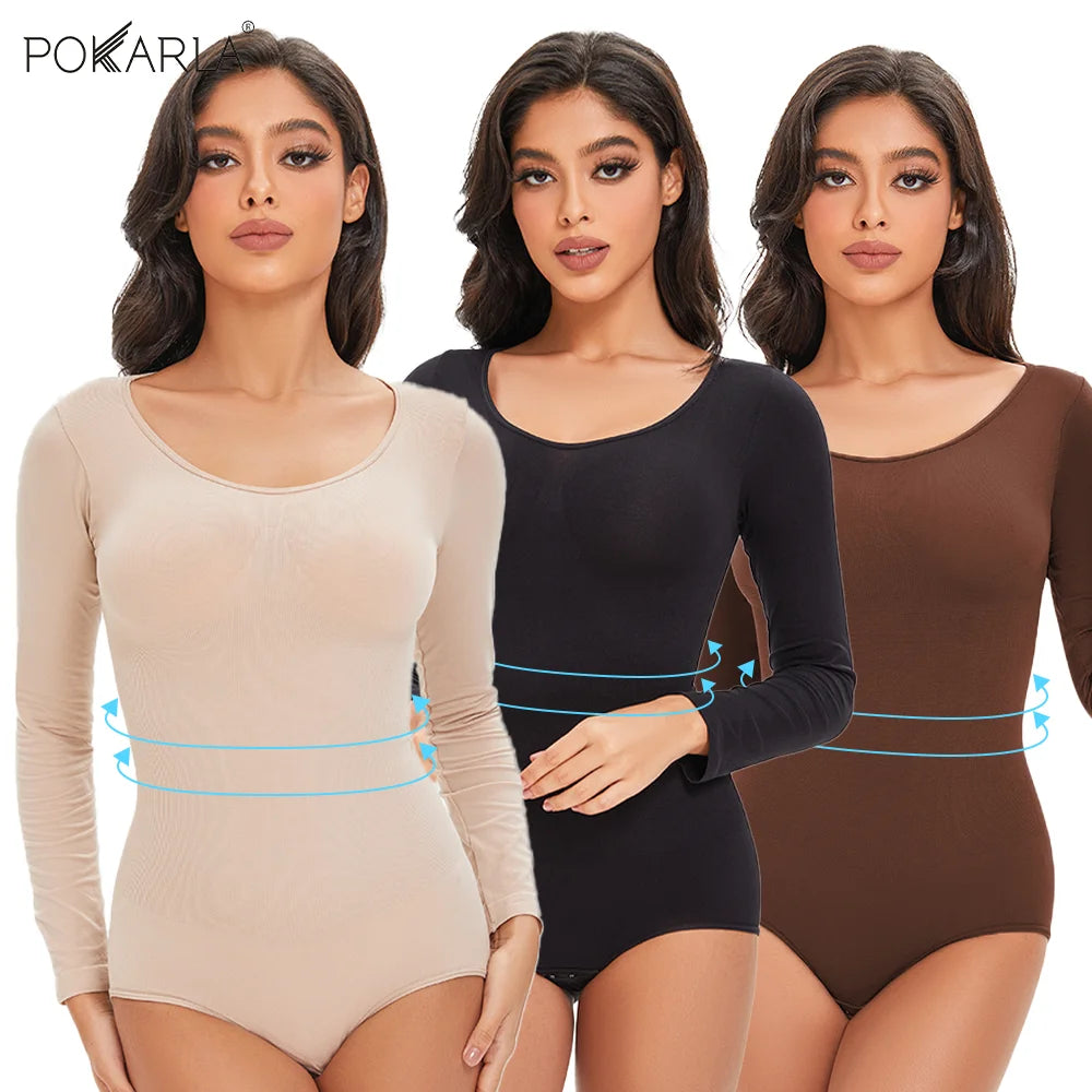 Gaine Gainante Femme Bodysuit Manches Longues Col Rond Sans Couture Contrôle Ferme Entrejambe Ouvert Minceur S-XXL – CLEVI Paris