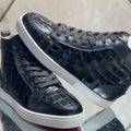 Sneakers Montantes Homme Cuir Croco Noir – Semelle Rouge, Rivets, Lacets | Style Luxe