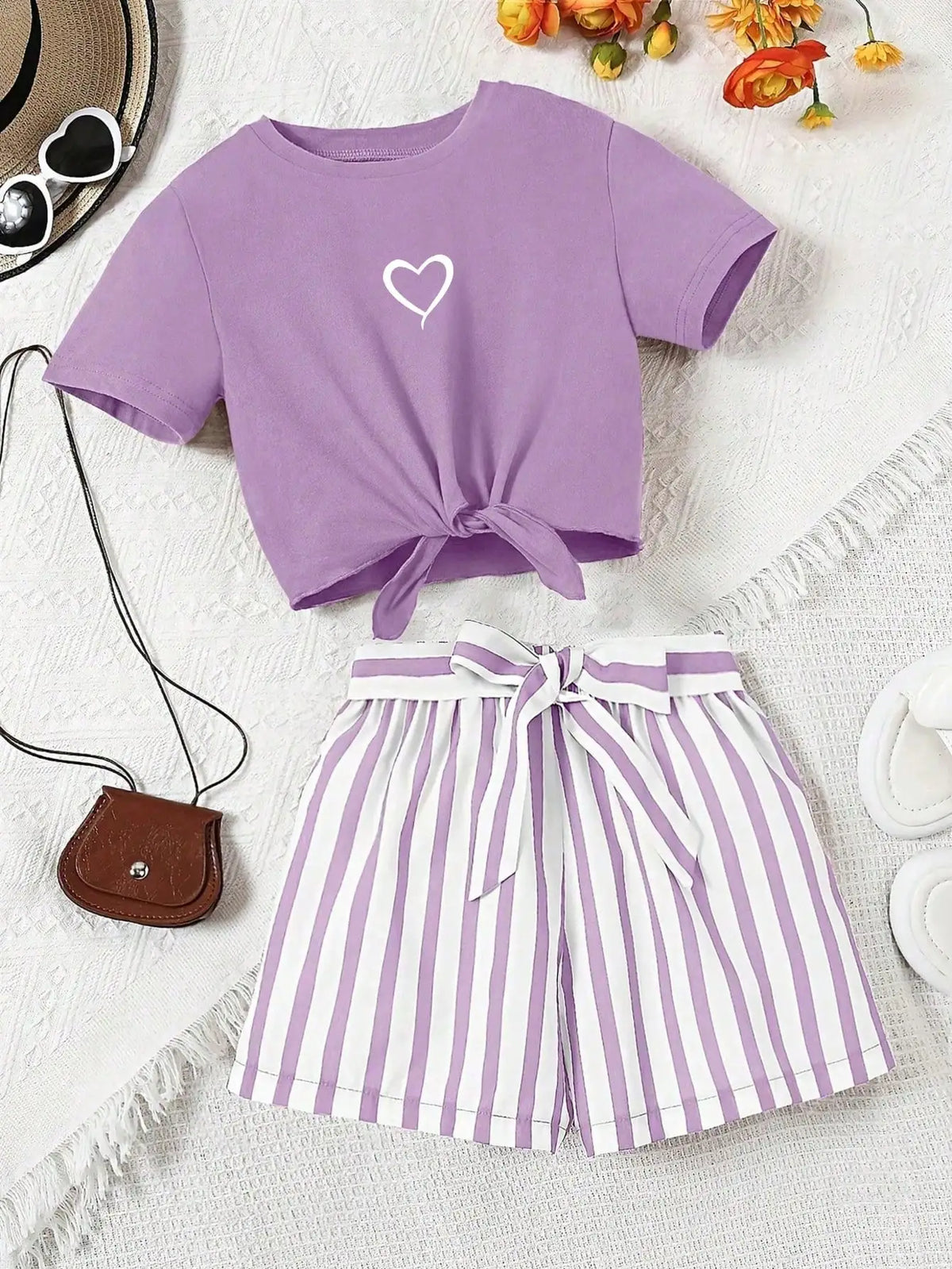 Ensemble fille t-shirt cœur et short rayé – CLEVI Paris
