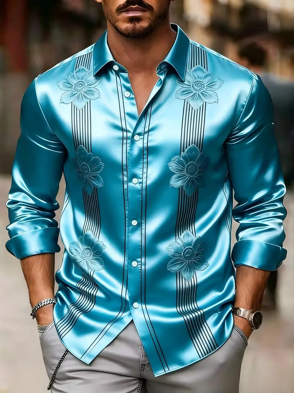 Chemise homme en satin à motifs imprimés – CLEVI Paris