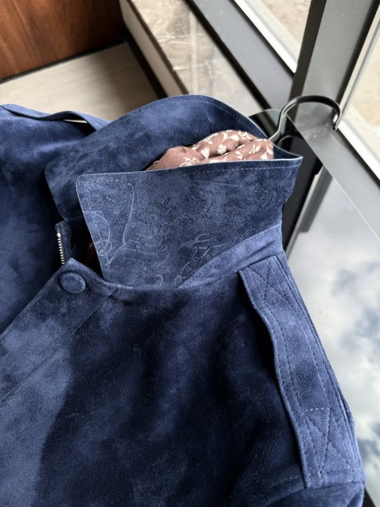 Veste homme en cuir bleu profond à col rabattu – CLEVI Paris