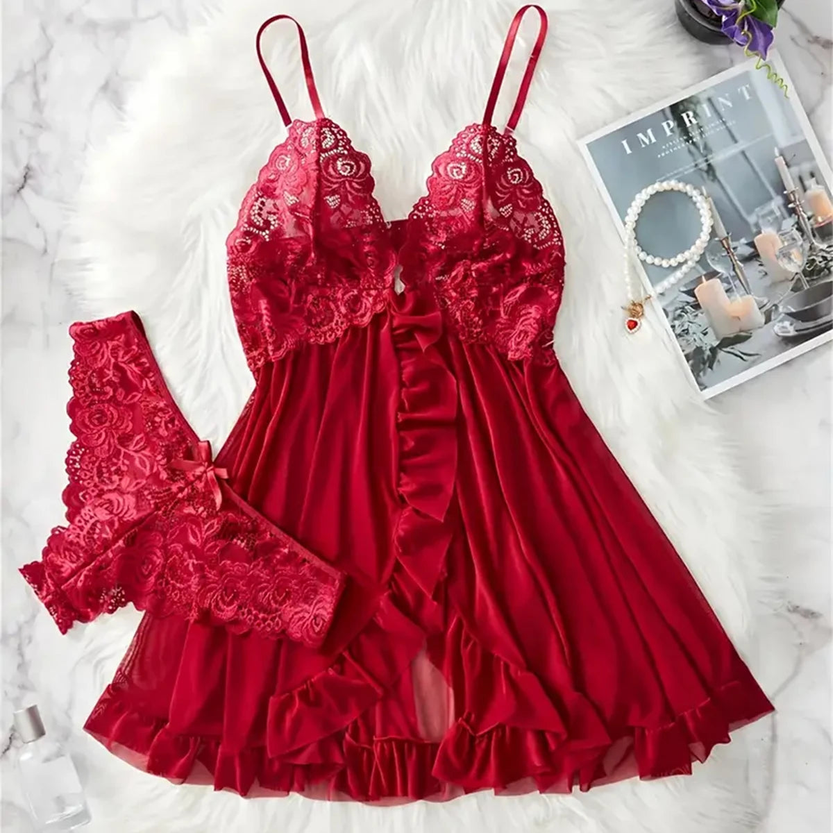 Ensemble Lingerie Dentelle Volantée Col V Profond Transparent Femme Nuisette Mini + String 6 Coloris S-XL – CLEVI Paris