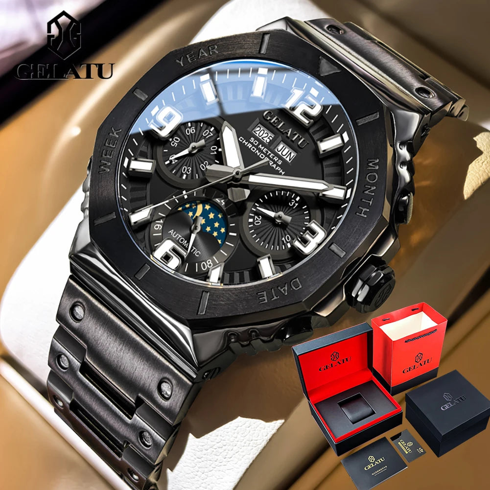 GELATU 6030 Montre Homme Automatique Phase de Lune Saphir Acier 316L 50M – CLEVI Paris