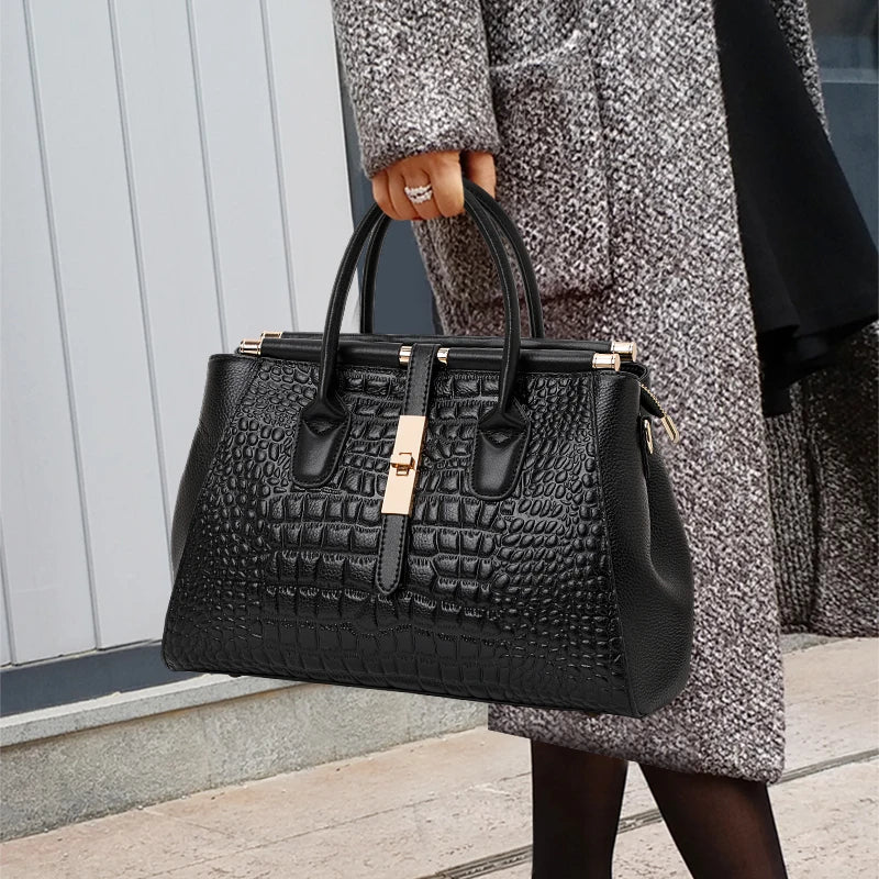 Sac Boston Cuir Vache Véritable Motif Crocodile Grande Capacité Femme – CLEVI Paris