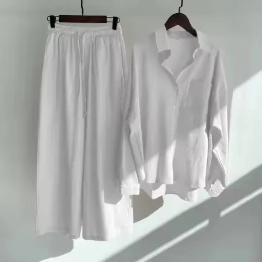 Ensemble 2 Pièces Femme Chemise Col Rabattu Manches Longues Coton Lin + Pantalon Large Taille Haute Cordon Casual 11 Coloris – CLEVI Paris