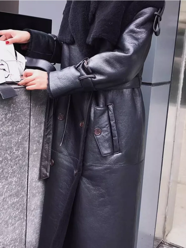 Manteau long femme cuir noir à large col – CLEVI Paris