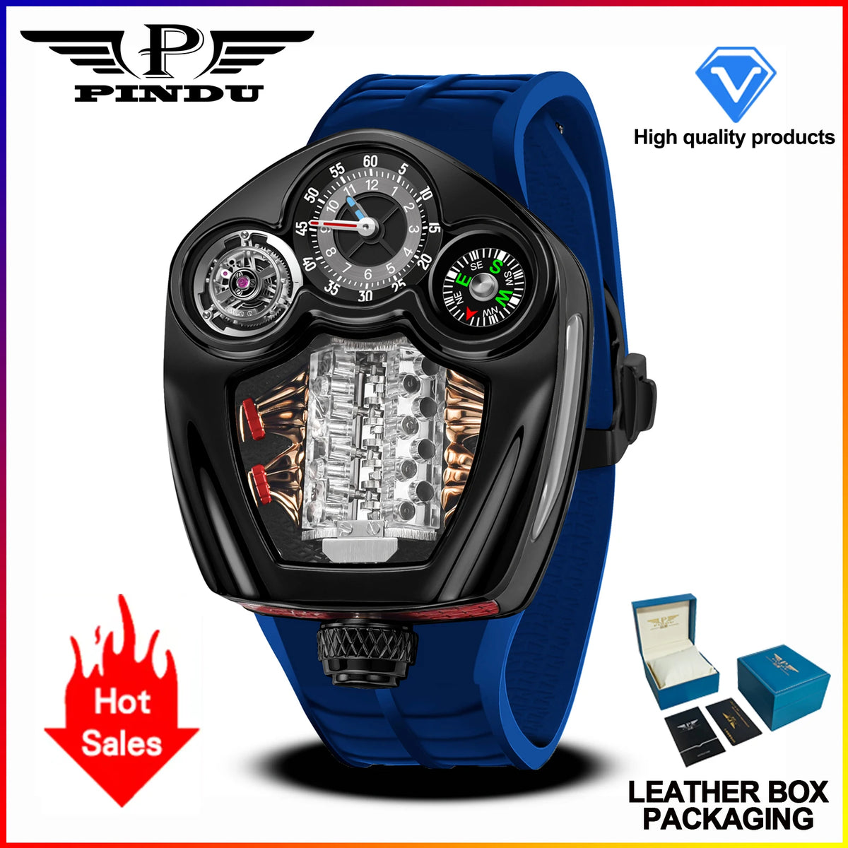 PINDU PD6658 Montre Homme Quartz Suisse Boussole Acier Forme Moteur 50M – CLEVI Paris
