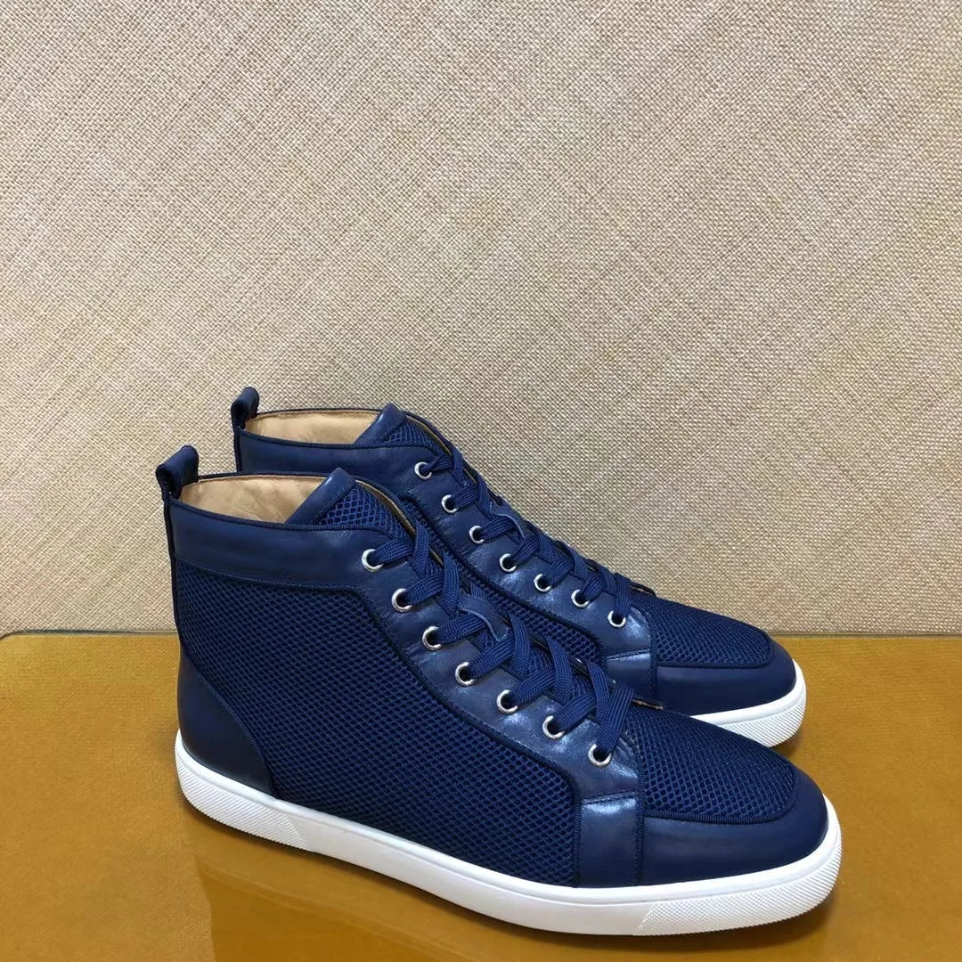 Sneakers Montantes Cuir Grille Bleue Semelle Rouge Unisexe – CLEVI Paris