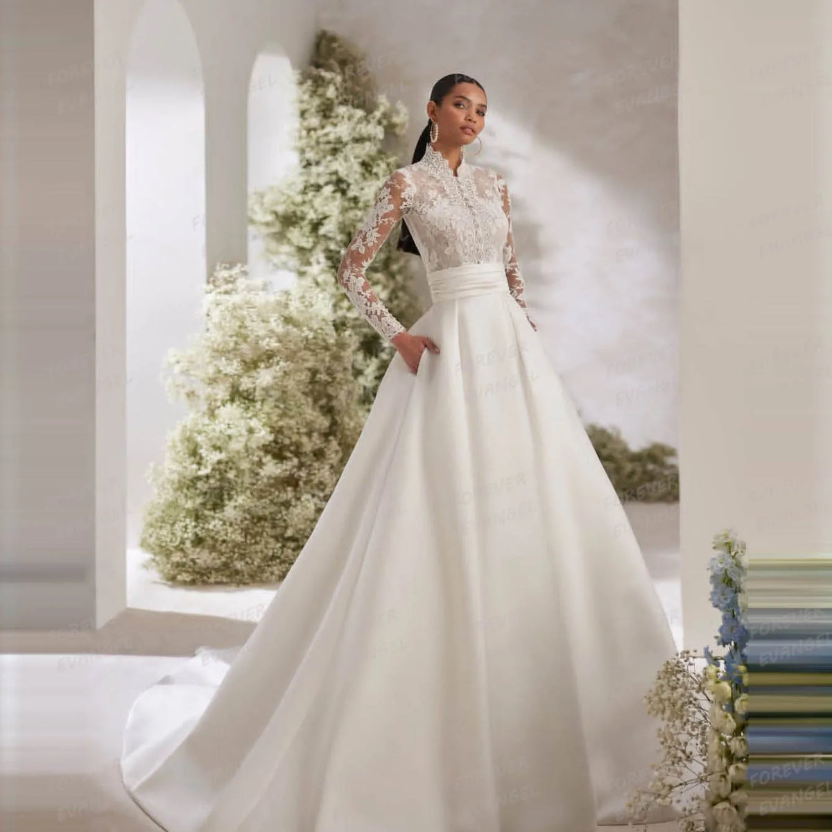Robe de mariée bohème en tulle à manches longues – CLEVI Paris