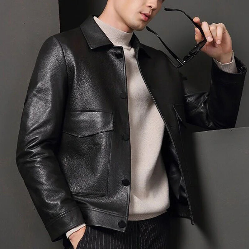 Veste homme en cuir noir boutonnée à rabats – CLEVI Paris