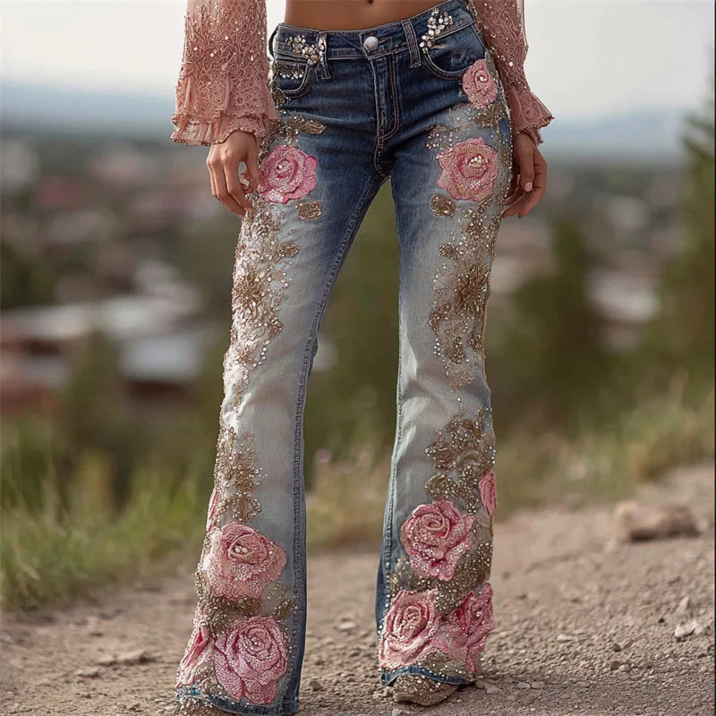 Jean Femme Bootcut Imprimé 3D Denim Slim Brodé Style Américain Casual – CLEVI Paris