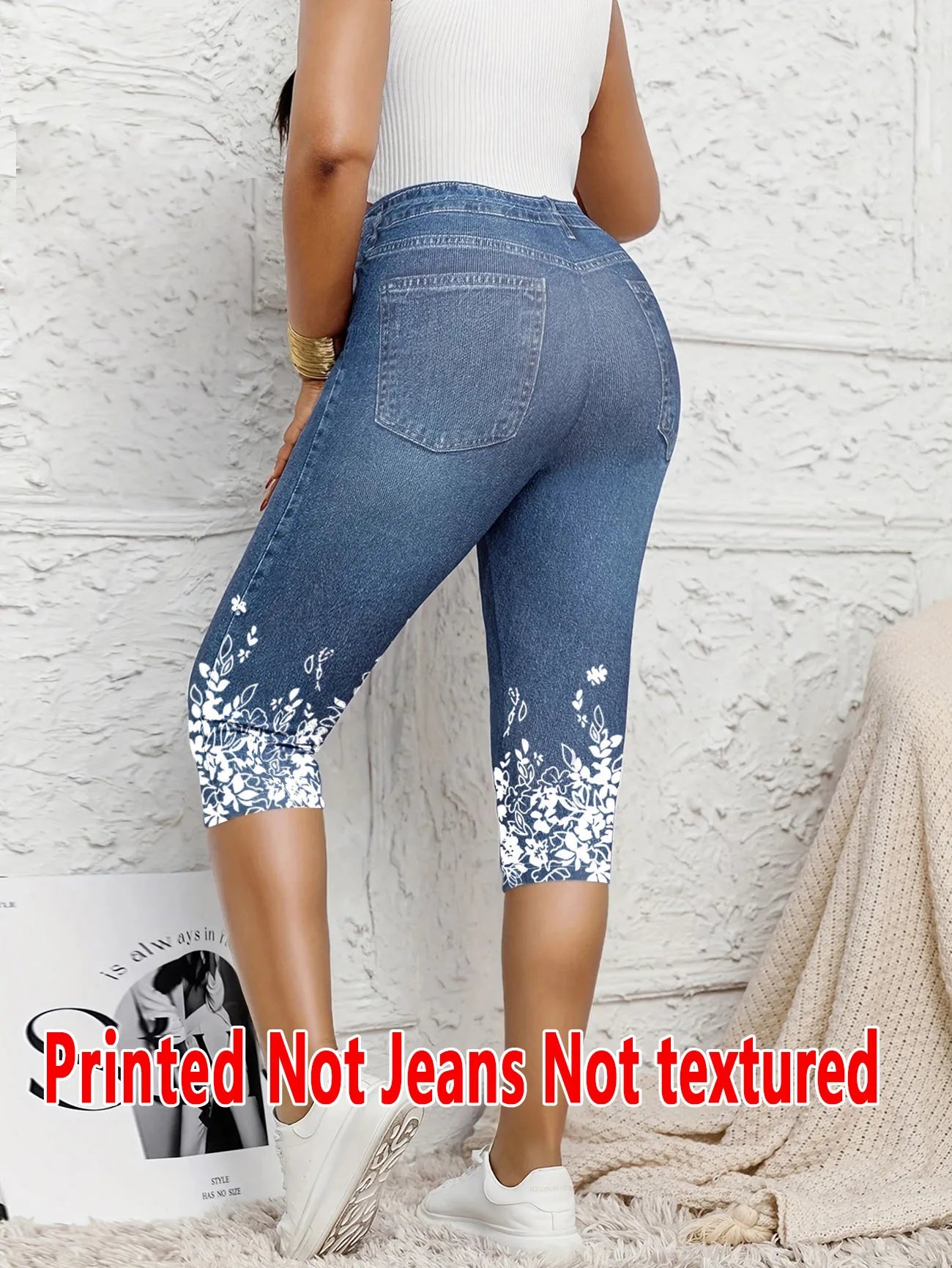 Legging 7/8 Femme Imprimé Effet Jean Taille Haute Stretch Gainant Casual – CLEVI Paris