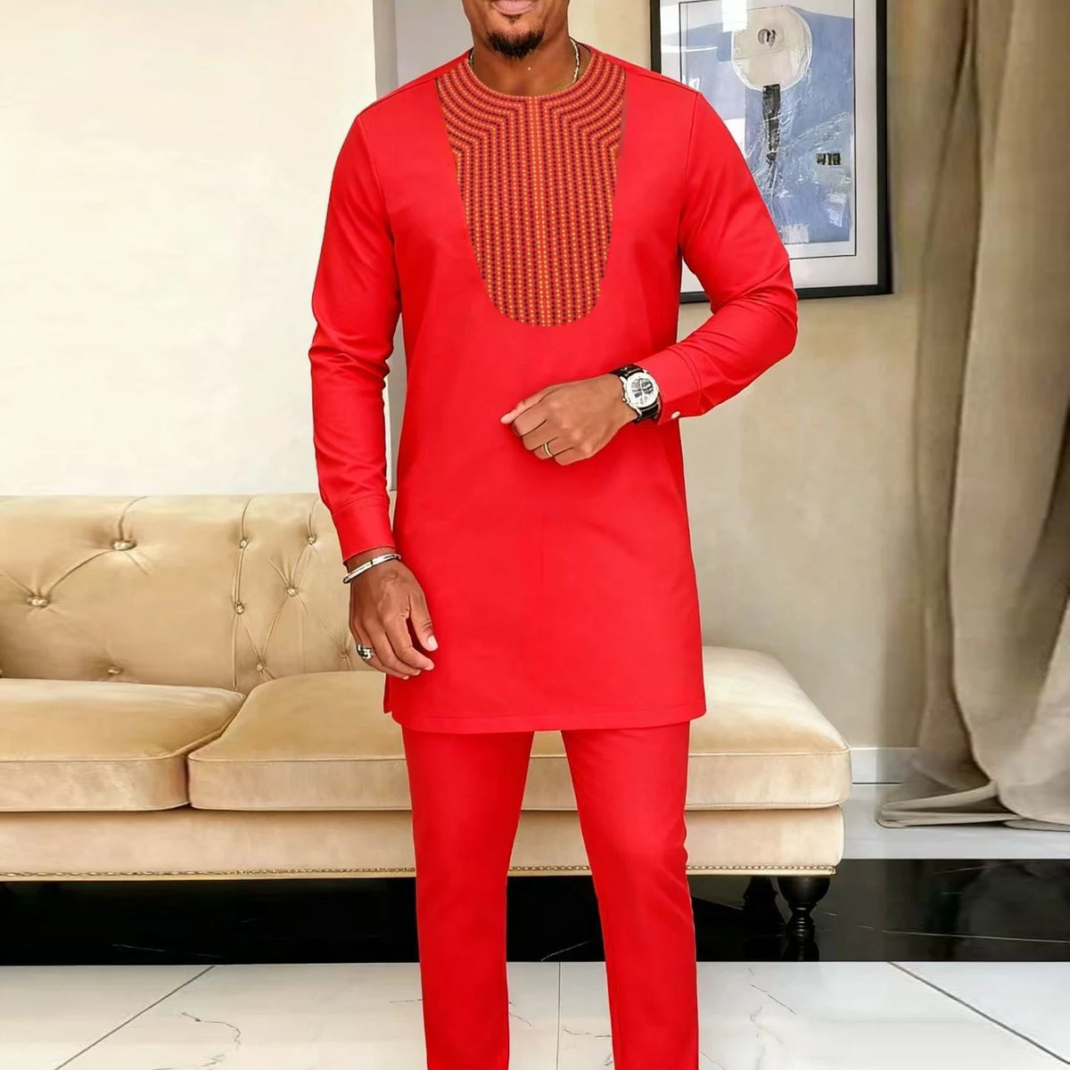 Ensemble Kaftan Africain Homme 2 Pièces – Costume Brodé Manches Longues – CLEVI Paris