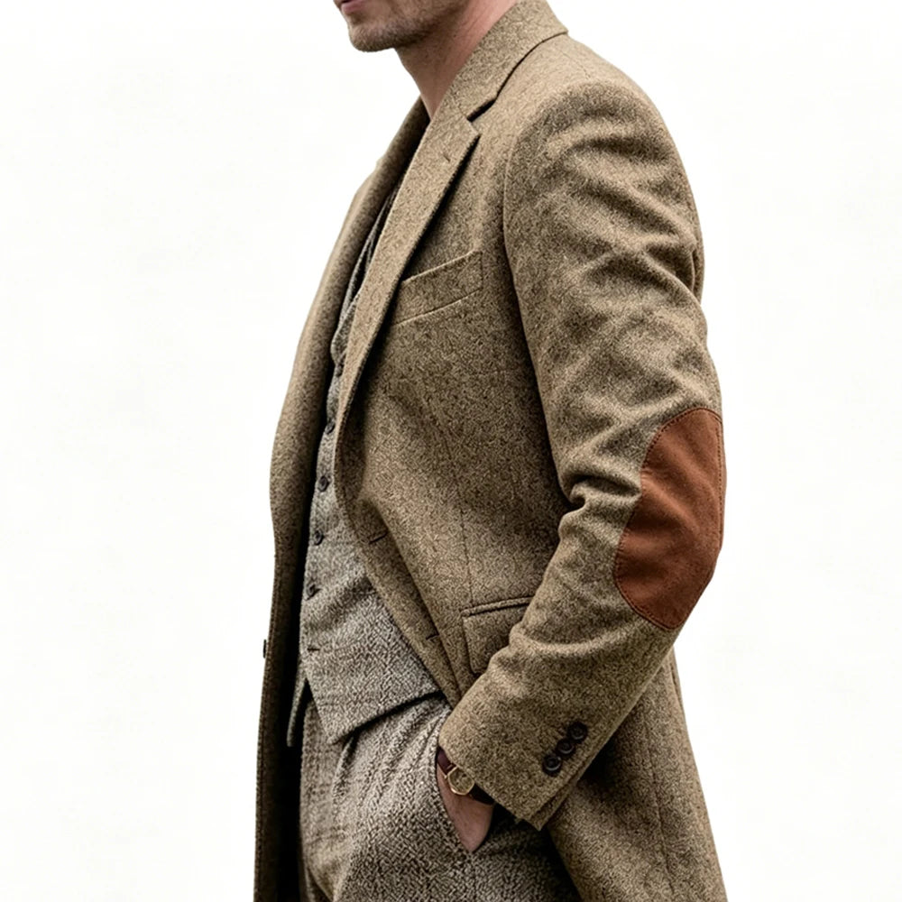 Blazer homme en tweed, revers cranté et coudes – CLEVI Paris