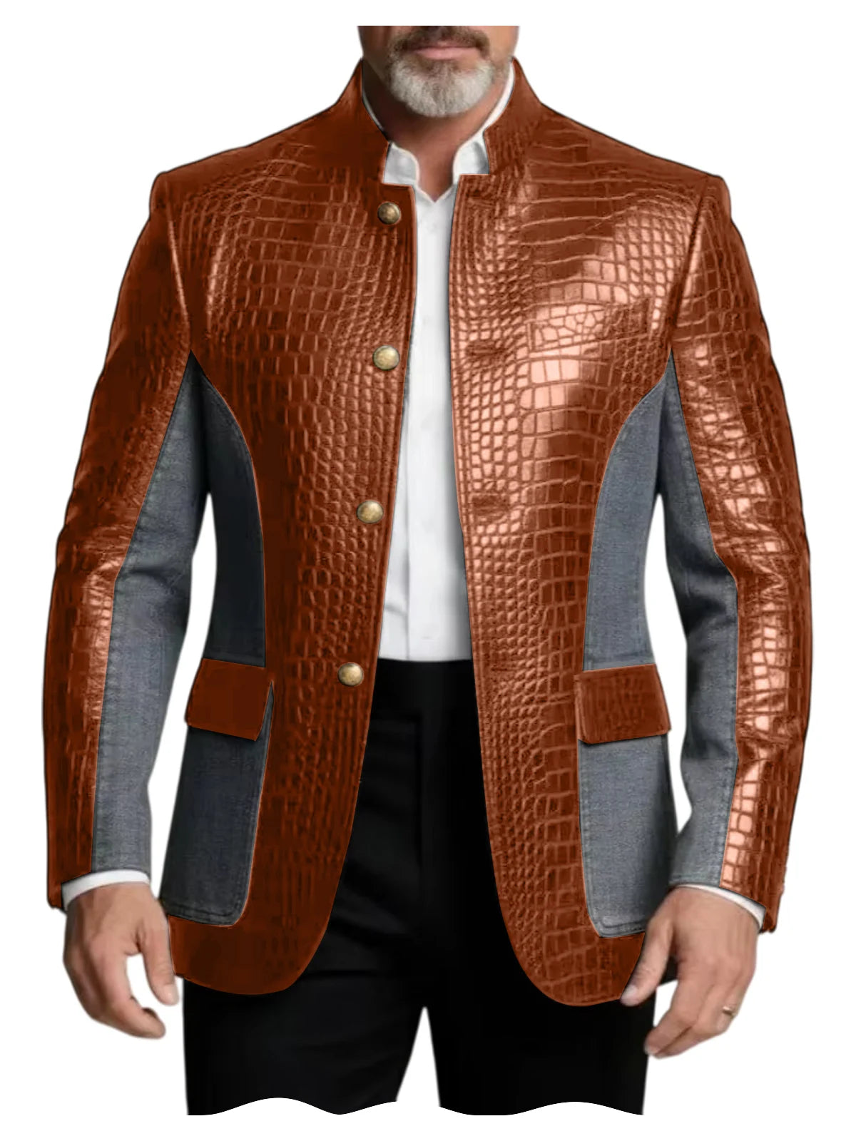 Blazer en cuir PU de luxe marron pour homme, effet croco, patchwork denim, col montant, coupe ajustée, idéal pour affaires, décontracté ou soirée