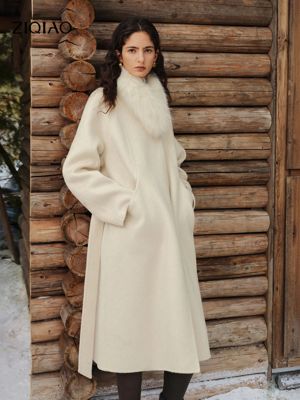 Manteau long laine et soie, col renard femme – CLEVI Paris