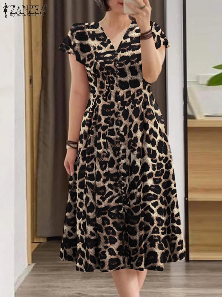 Robe Femme Col V Imprimé Floral Manches Papillon Taille Cintrée A-line Mi-Mollet – CLEVI Paris