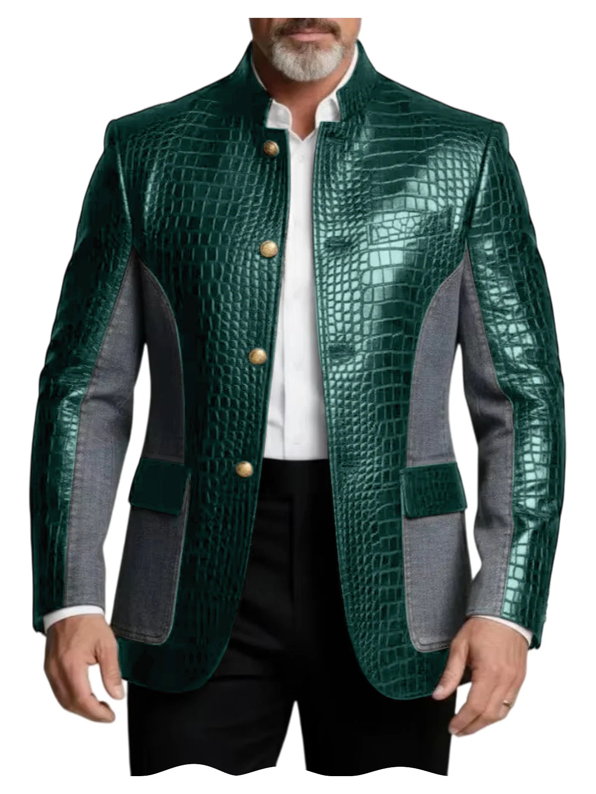 Blazer en cuir PU de luxe marron pour homme, effet croco, patchwork denim, col montant, coupe ajustée, idéal pour affaires, décontracté ou soirée
