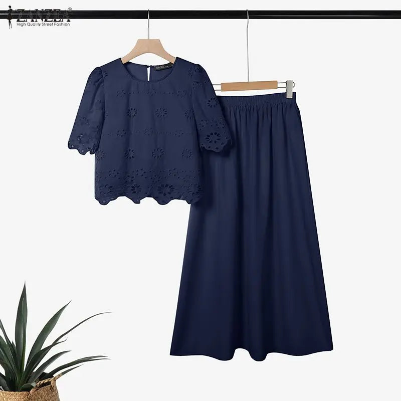 Ensemble 2 Pièces Femme Top Brodé Ajouré Manches Courtes Jupe Longue A-Line Style Bohème Été – CLEVI Paris