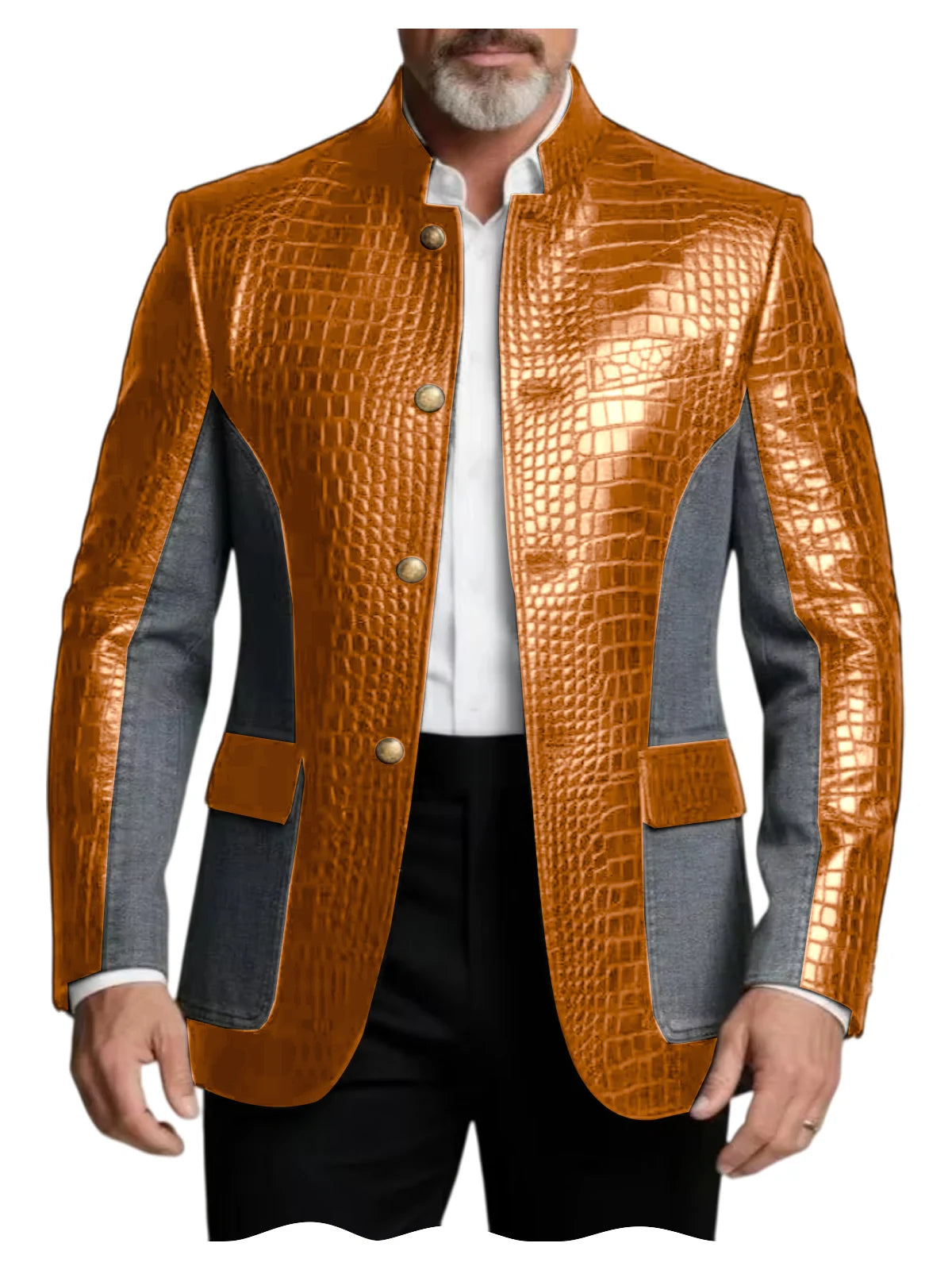 Blazer en cuir PU de luxe marron pour homme, effet croco, patchwork denim, col montant, coupe ajustée, idéal pour affaires, décontracté ou soirée
