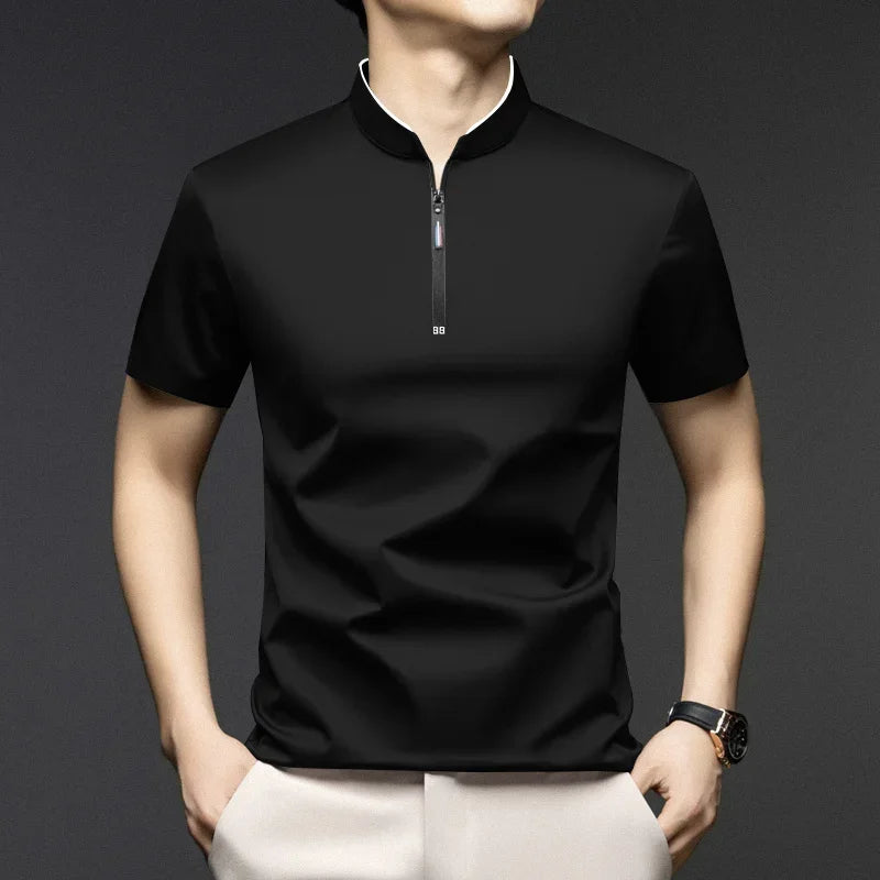 Polo Homme Casual Zip Col Montant Manches Courtes Uni Anti-Froissage S-4XL – CLEVI Paris