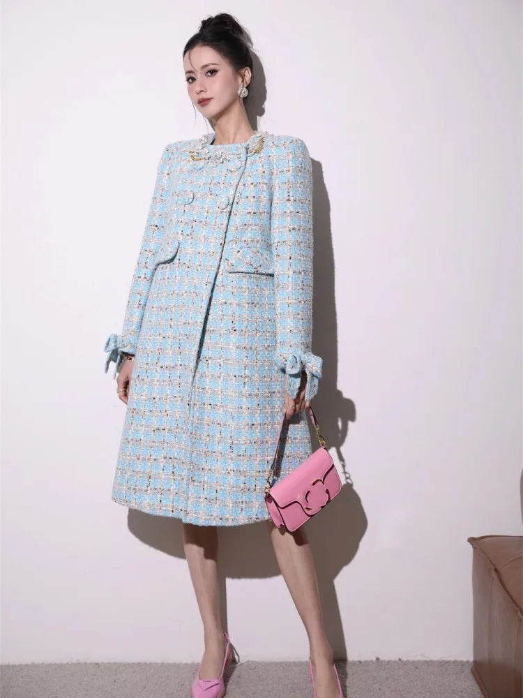 Manteau femme en tweed bleu clair à carreaux – CLEVI Paris