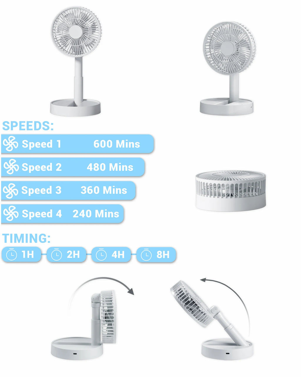 Ventilateur pliable rechargeable, 4 vitesses – CLEVI Paris