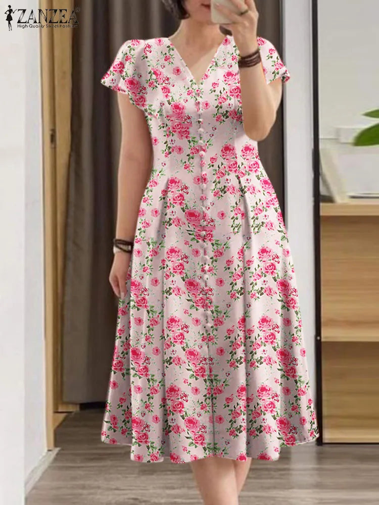 Robe Femme Col V Imprimé Floral All-Over Manches Courtes Volants A-line Bohème – CLEVI Paris