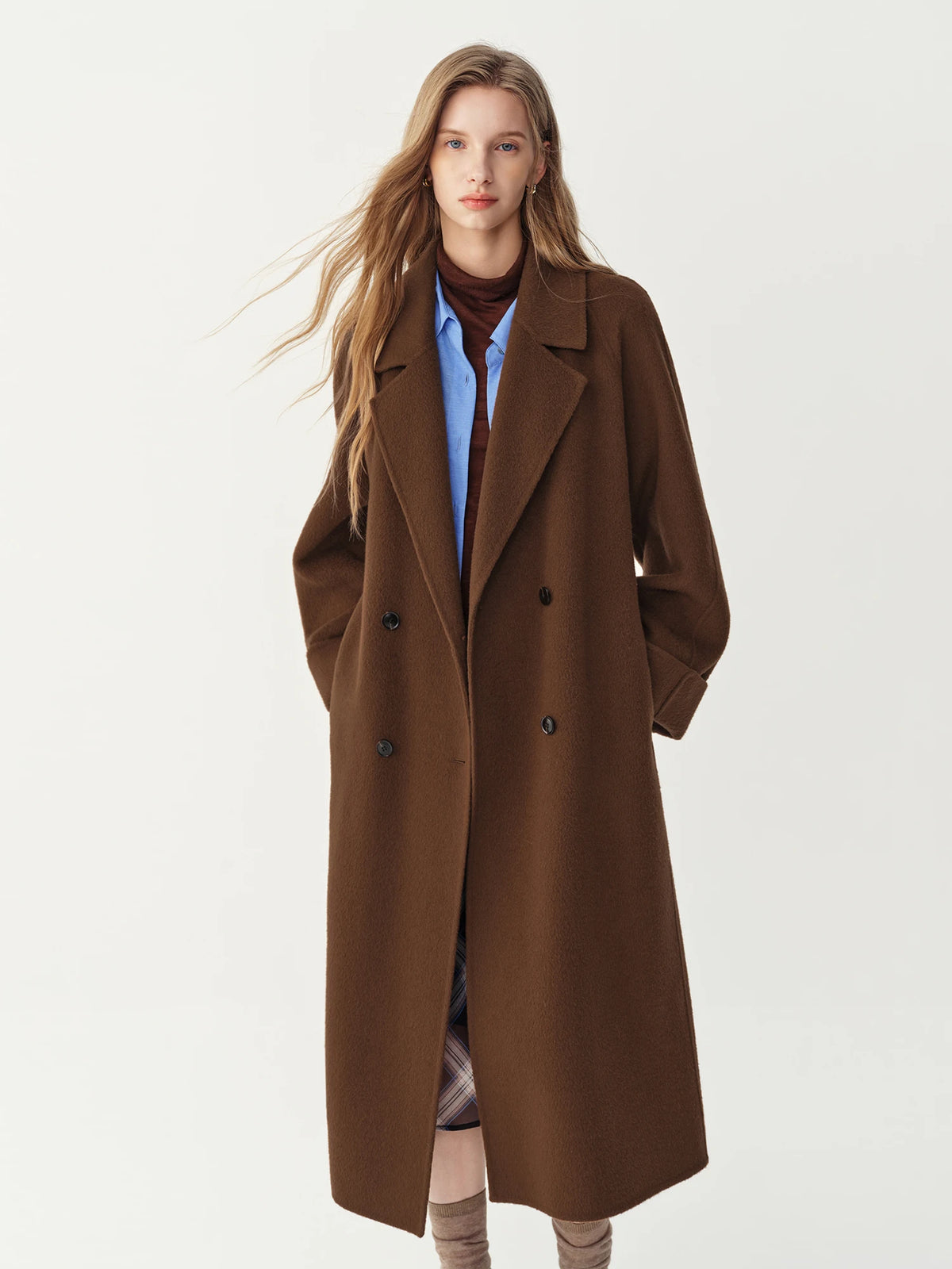 Manteau long ceinturé en laine femme – CLEVI Paris