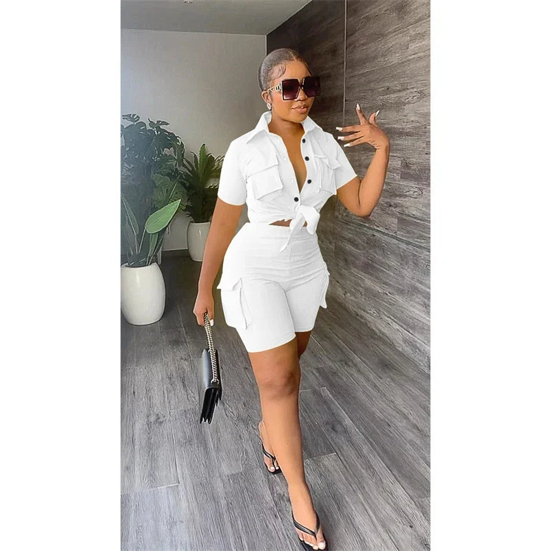 Ensemble Deux Pièces Femme Streetwear – Chemise Boutonné Manches Courtes & Short Assorti – CLEVI Paris