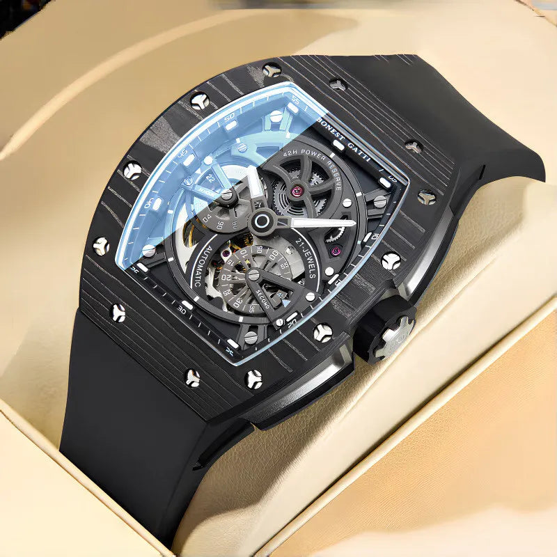 Montre Homme Automatique Squelette Tonneau Fibre de Carbone Lumineux Bonest Gatti BG9004 – CLEVI Paris