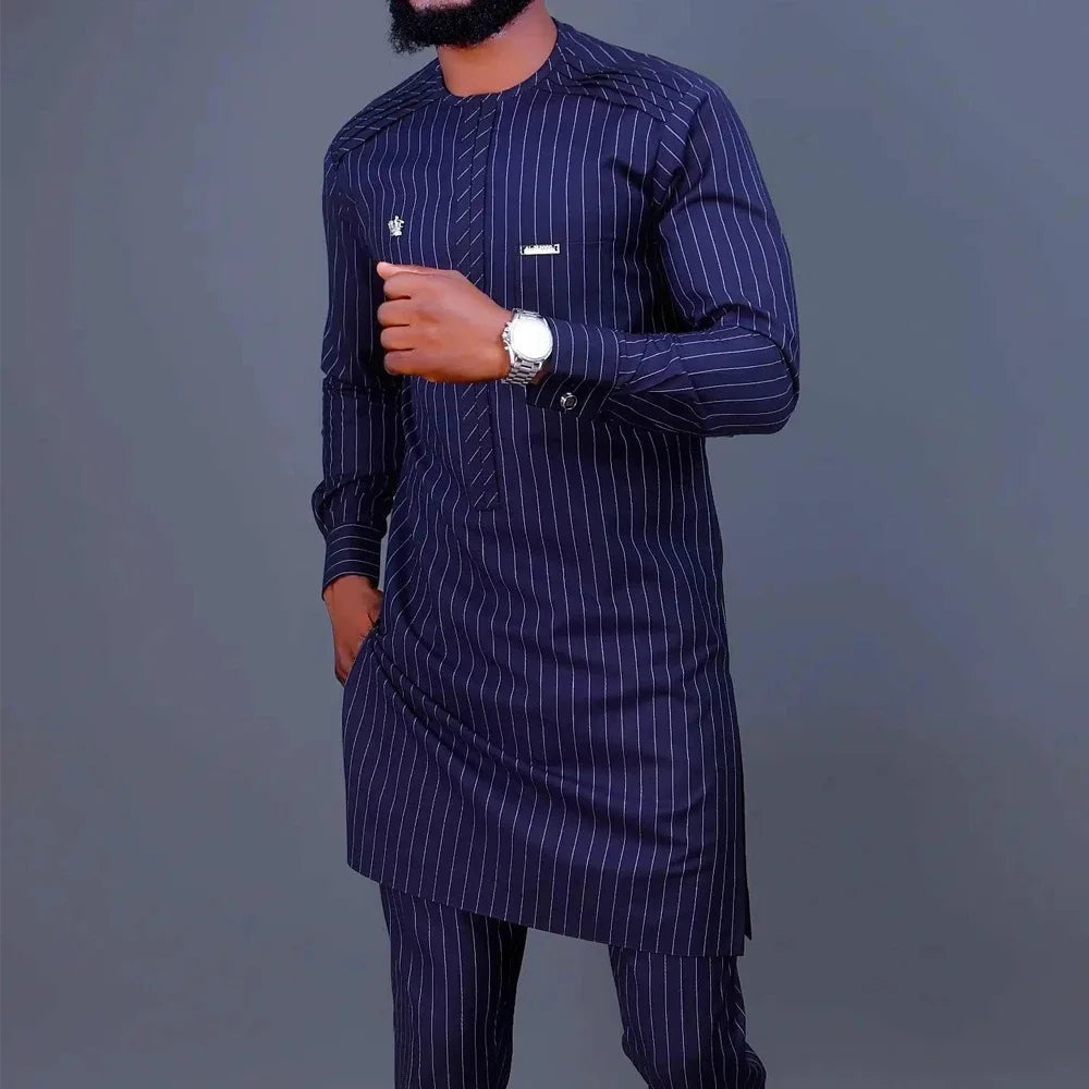Kaftan Dashiki Homme 2 Pièces Brodé Manches Longues Col Rond + Pantalon Élastique Style Africain Mariage Fête M-4XL – CLEVI Paris