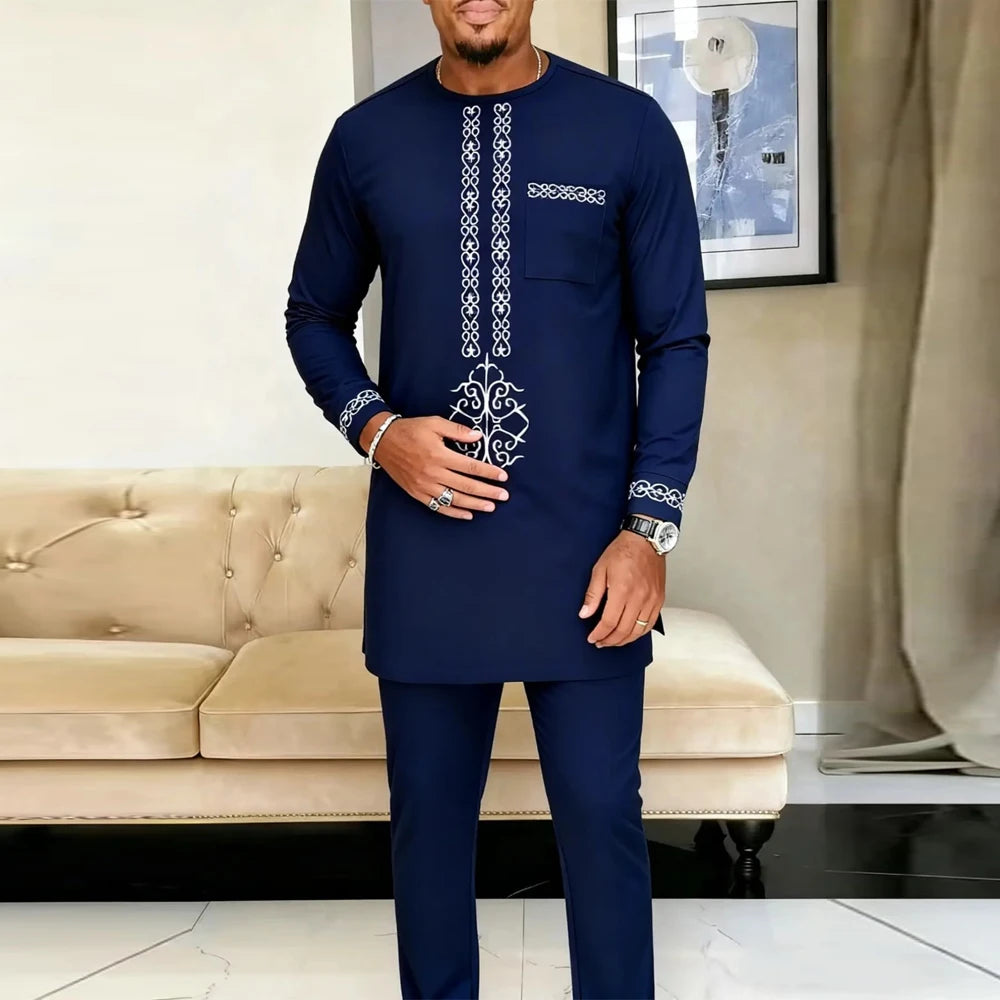 Ensemble Kaftan Africain Homme 2 Pièces – Costume Brodé Manches Longues – CLEVI Paris