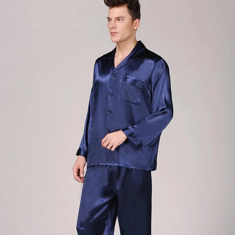 Pyjama Homme 2 Pièces Soie de Glace Satin Col Rabattu Manches Longues Style Luxe Imprimé Printemps Été – CLEVI Paris