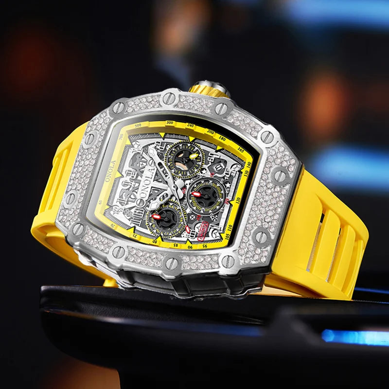 ONOLA ON6826D – Montre Automatique Homme | Diamants, Phase de Lune, Squelette, Étanche 3 Bar