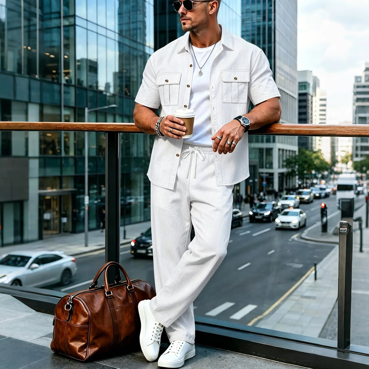 Ensemble Homme Chemise Lin Manches Courtes Double Poches + Pantalon Taille Élastique Style Safari Plage Été – CLEVI Paris