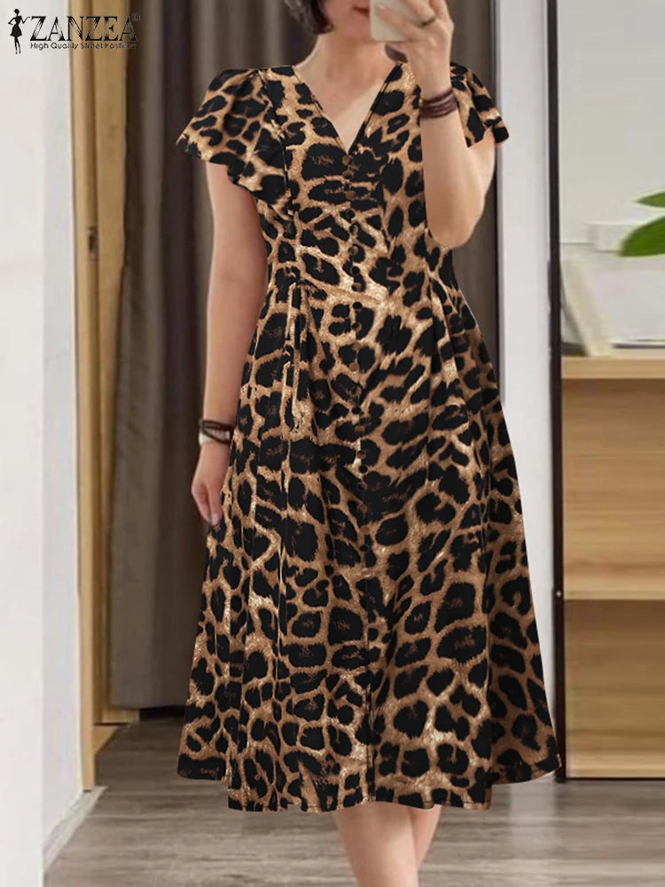 Robe Femme Col V Imprimé Floral Manches Papillon Taille Cintrée A-line Mi-Mollet – CLEVI Paris