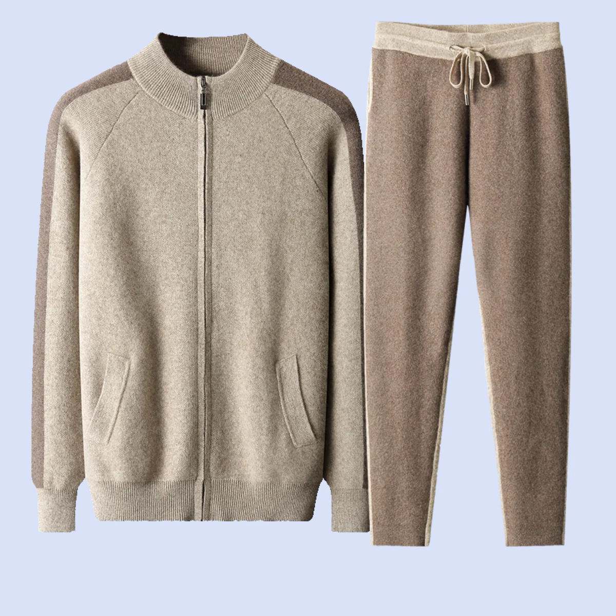 Ensemble 2 Pièces Homme 100% Cachemire MVLYFLRT – Cardigan Col Montant Zippé + Pantalon Slim Bicolore – 3 Coloris – CLEVI Paris