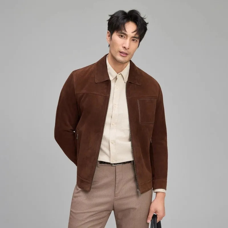 Blouson homme marron aspect daim zippé – CLEVI Paris